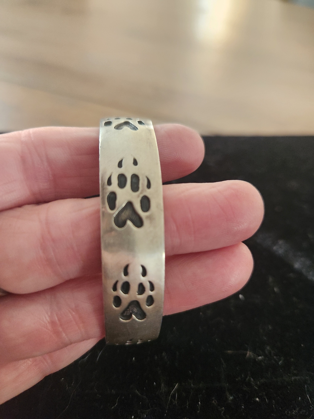 Sterling Silver Heart/bear  Paw Print Cuff Bracelet